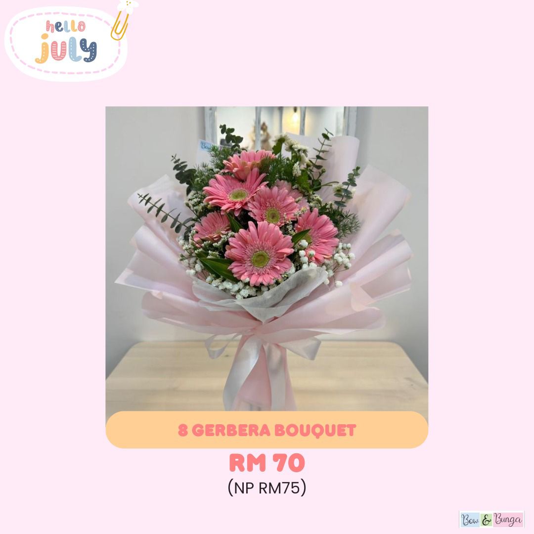 8 Gerbera Bouquet Bow dan Bunga