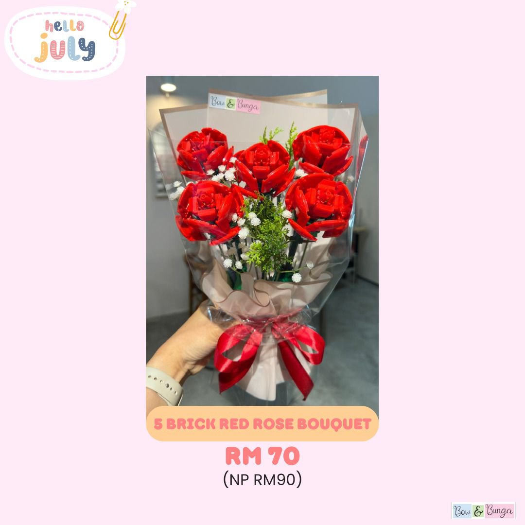 5 Brick Red Rose Bouquet Bow dan Bunga