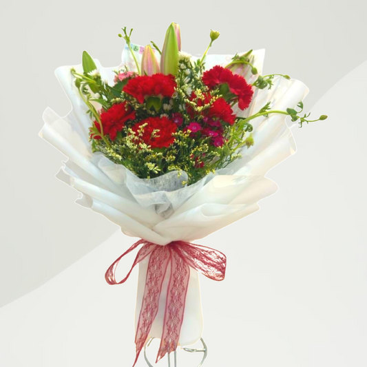 2 Lily 5 Carnation bouquet Bow dan Bunga