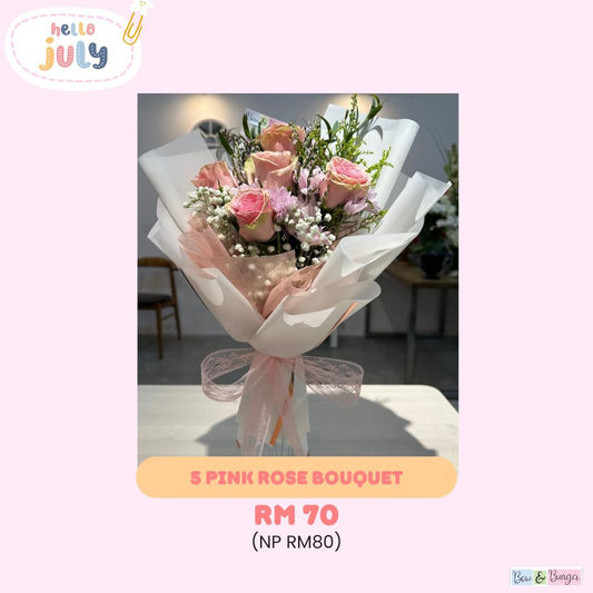 5 Fresh Pink Roses Bouquet Bow dan Bunga