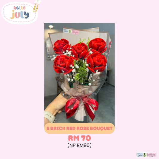 5 Brick Red Rose Bouquet Bow dan Bunga